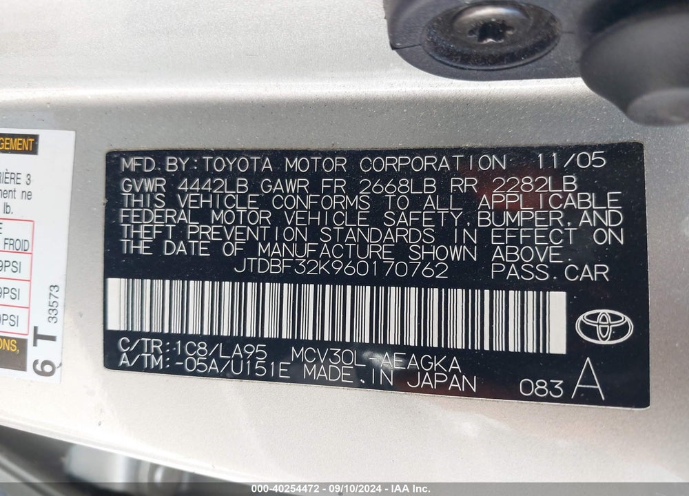 2006 TOYOTA CAMRY XLE V6 VIN: JTDBF32K960170762