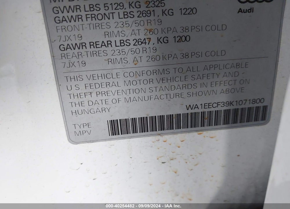 2019 AUDI Q3 2.0T S LINE PREMIUM VIN: WA1EECF39K1071800