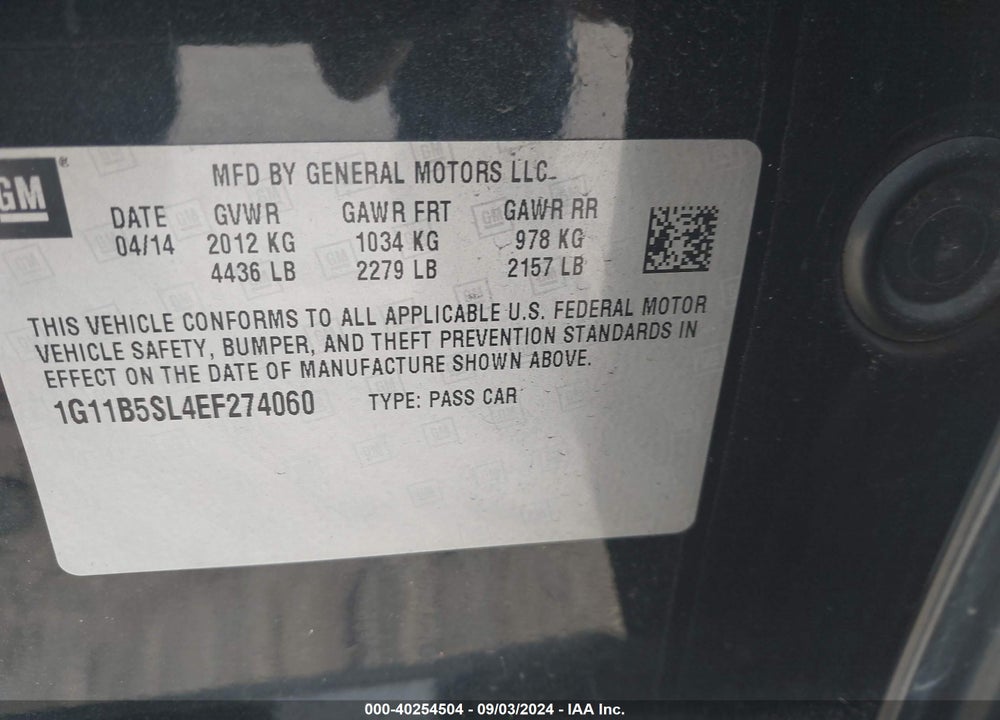 2014 CHEVROLET MALIBU VIN: 1G11B5SL4EF274060
