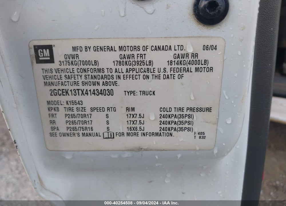 2004 CHEVROLET SILVERADO 1500 LS VIN: 2GCEK13TX41434030