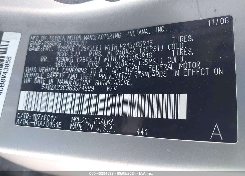 2006 TOYOTA SIENNA VIN: 5TDZA23C36S574989