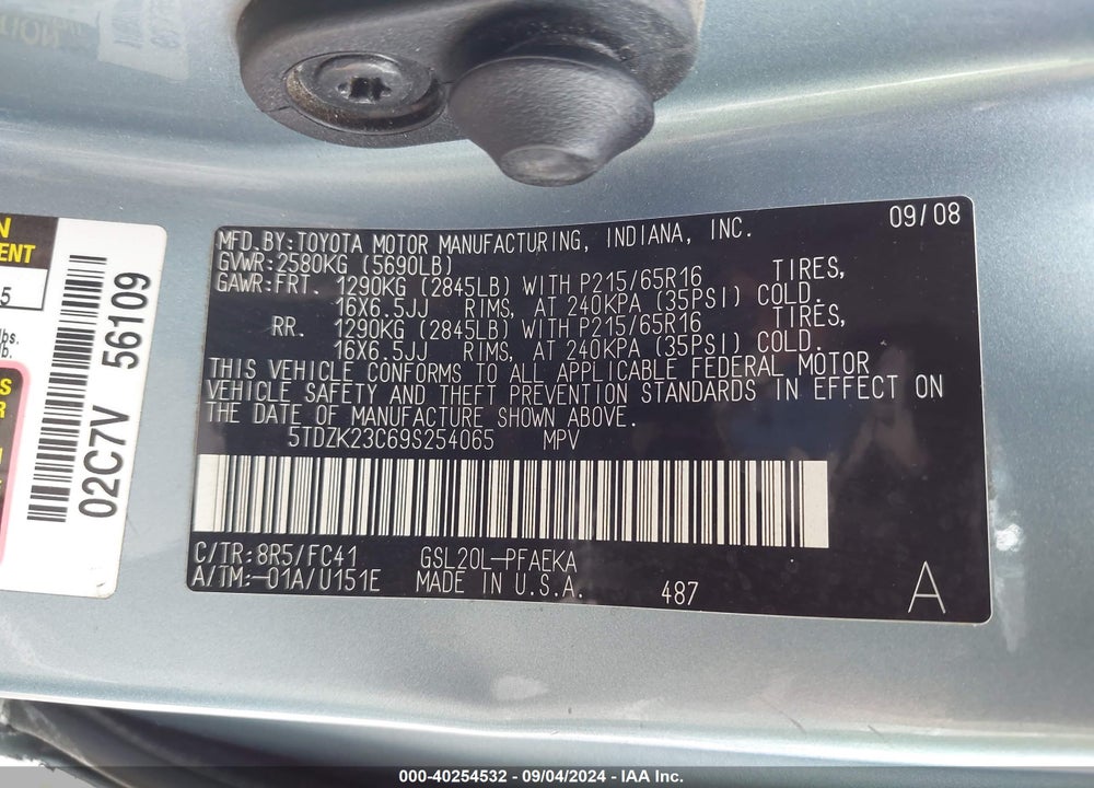 2009 TOYOTA SIENNA LE VIN: 5TDZK23C69S254065