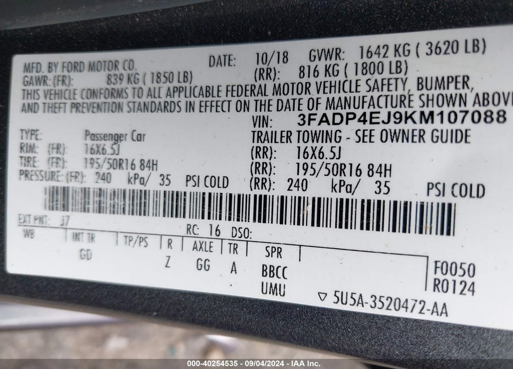2019 FORD FIESTA SE VIN: 3FADP4EJ9KM107088