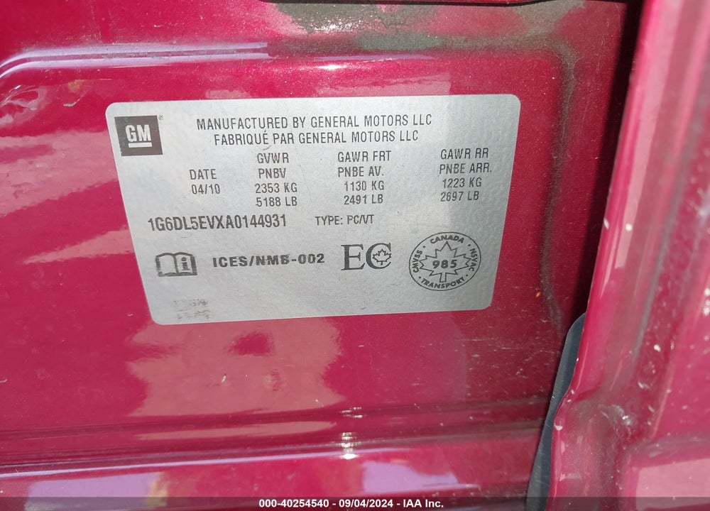 2010 CADILLAC CTS STANDARD VIN: 1G6DL5EVXA0144931