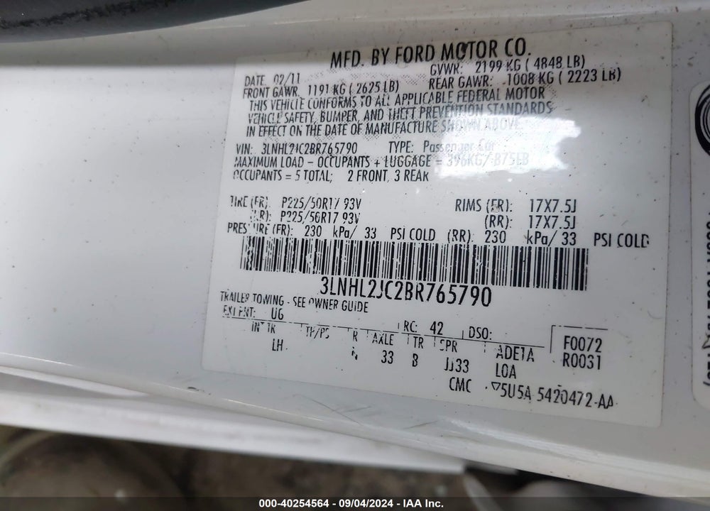 2011 LINCOLN MKZ VIN: 3LNHL2JC2BR765790