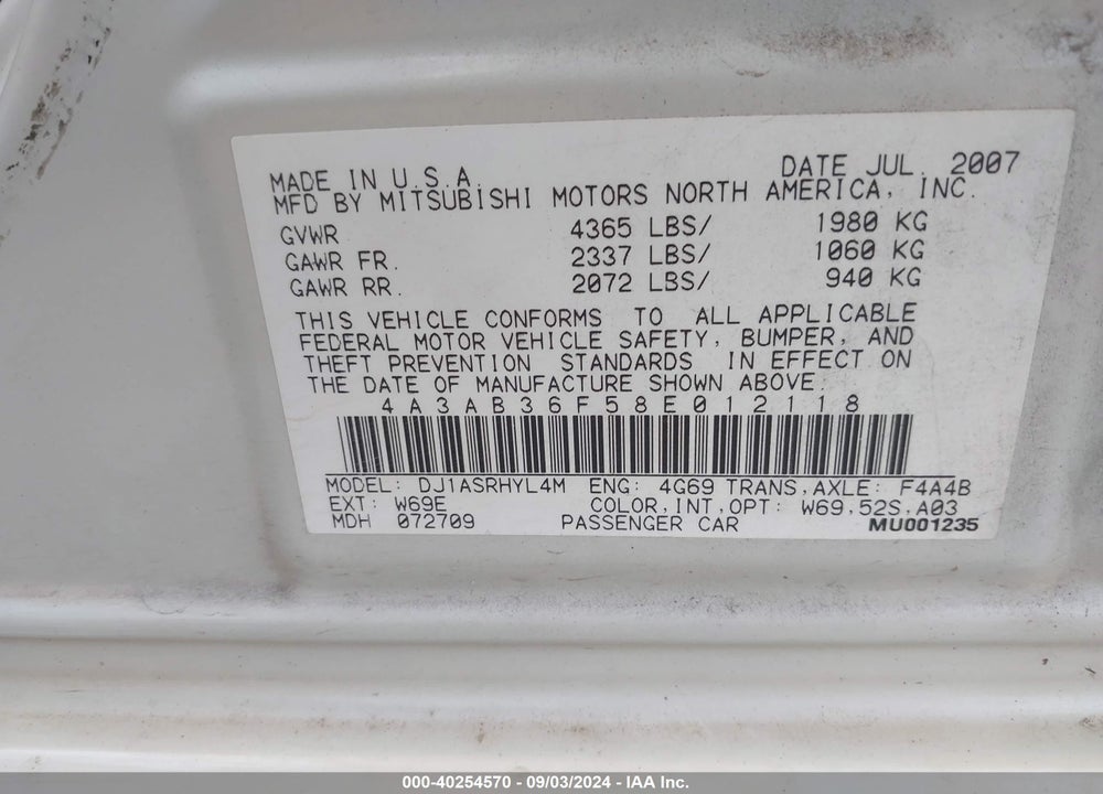 2008 MITSUBISHI GALANT ES VIN: 4A3AB36F58E012118