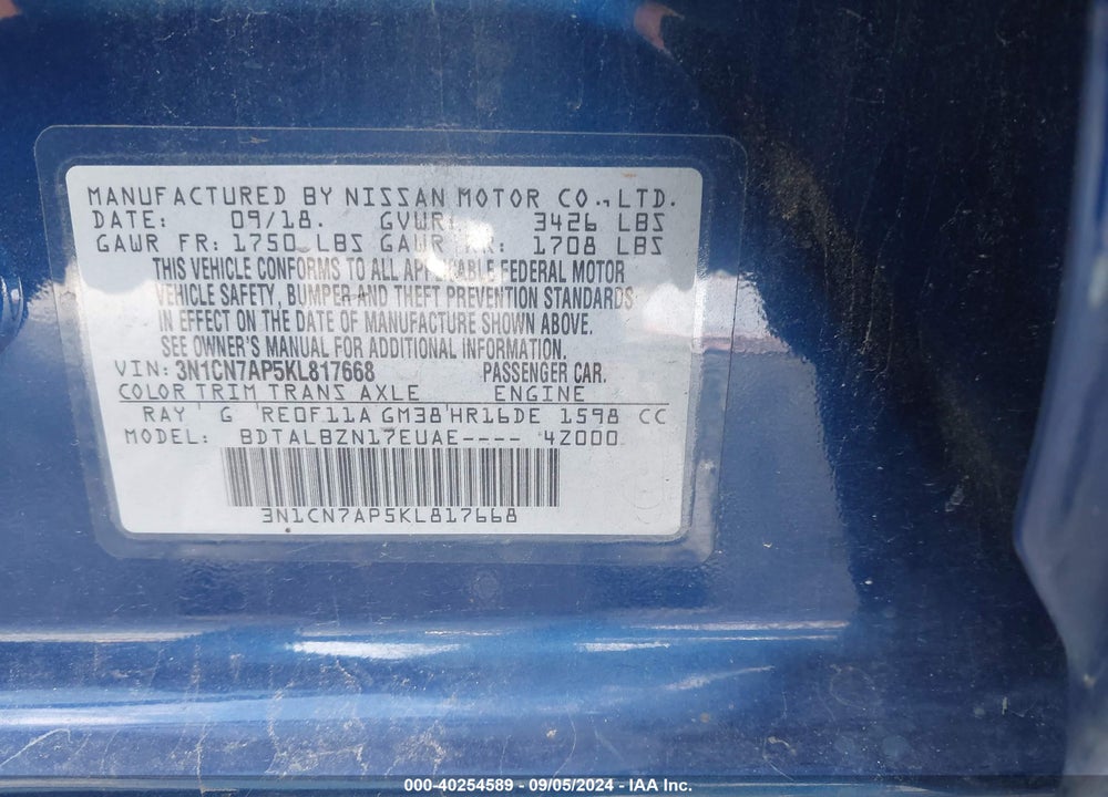 2019 NISSAN VERSA 1.6 SV VIN: 3N1CN7AP5KL817668
