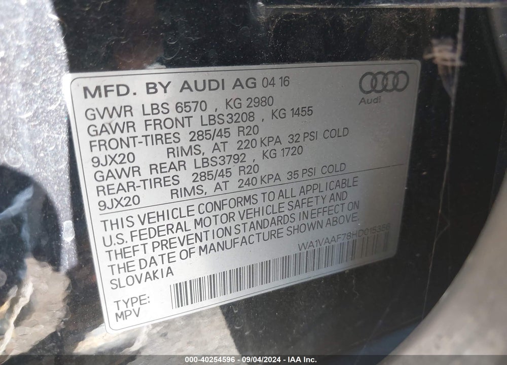 2017 AUDI Q7 3.0T PREMIUM VIN: WA1VAAF78HD015356