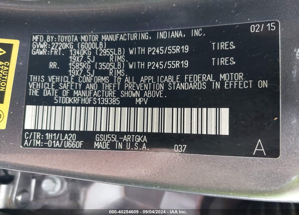 2015 TOYOTA HIGHLANDER LIMITED PLATINUM V6 VIN: 5TDDKRFH0FS139385