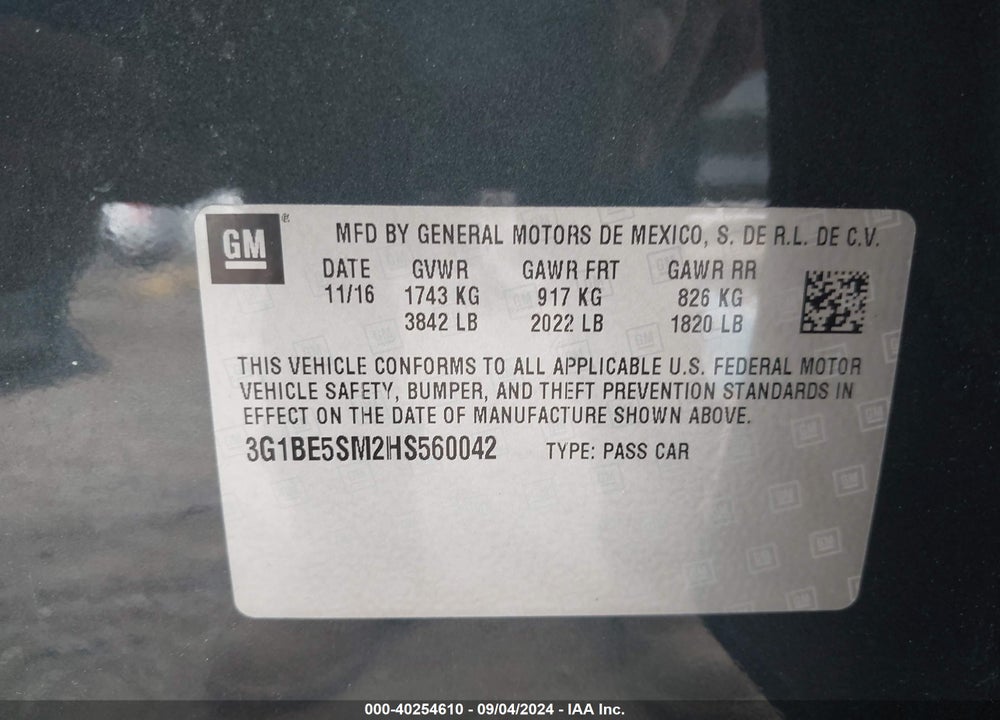 2017 CHEVROLET CRUZE LT AUTO VIN: 3G1BE5SM2HS560042