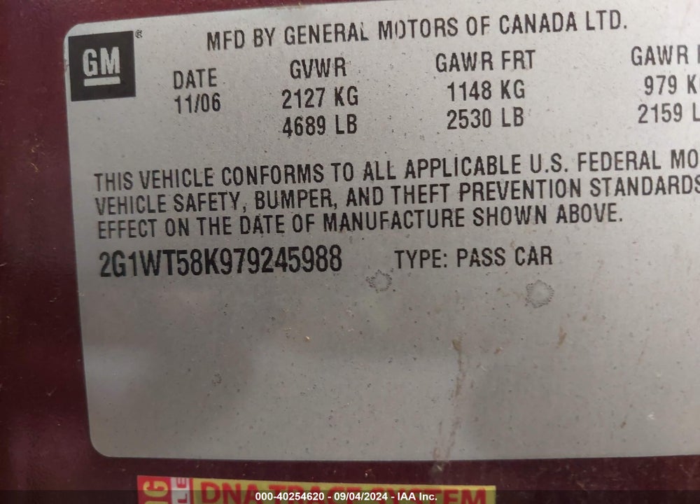 2007 CHEVROLET IMPALA LT VIN: 2G1WT58K979245988