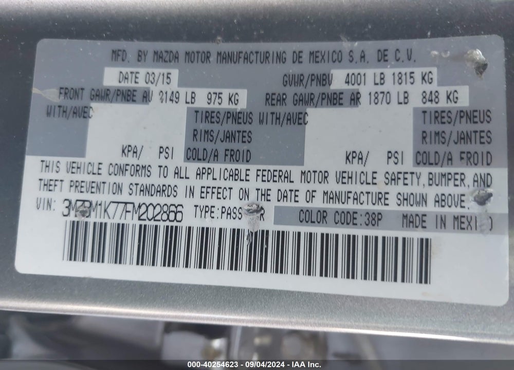 2015 MAZDA 3 I SPORT VIN: 3MZBM1K77FM202866