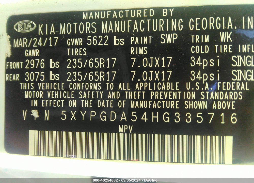 2017 KIA SORENTO 3.3L LX VIN: 5XYPGDA54HG335716