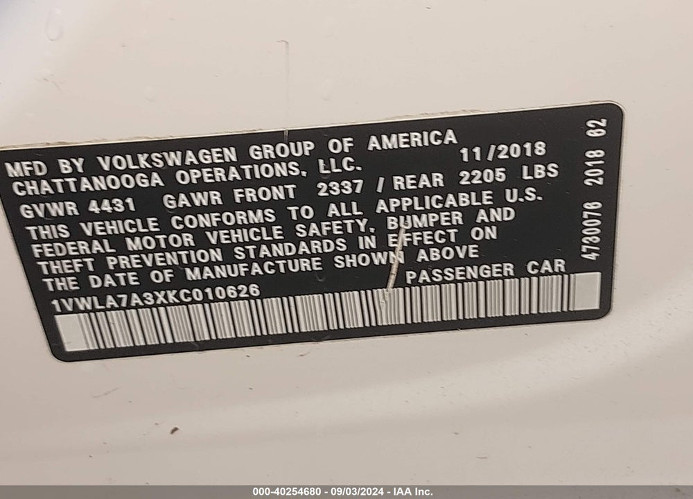 2019 VOLKSWAGEN PASSAT 2.0T WOLFSBURG EDITION VIN: 1VWLA7A3XKC010626