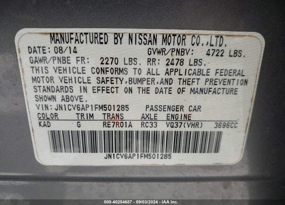 2015 INFINITI Q40 VIN: JN1CV6AP1FM501285