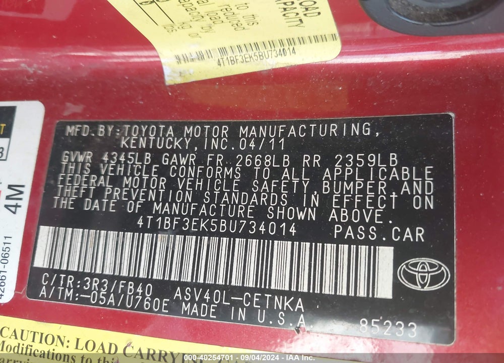 2011 TOYOTA CAMRY LE VIN: 4T1BF3EK5BU734014