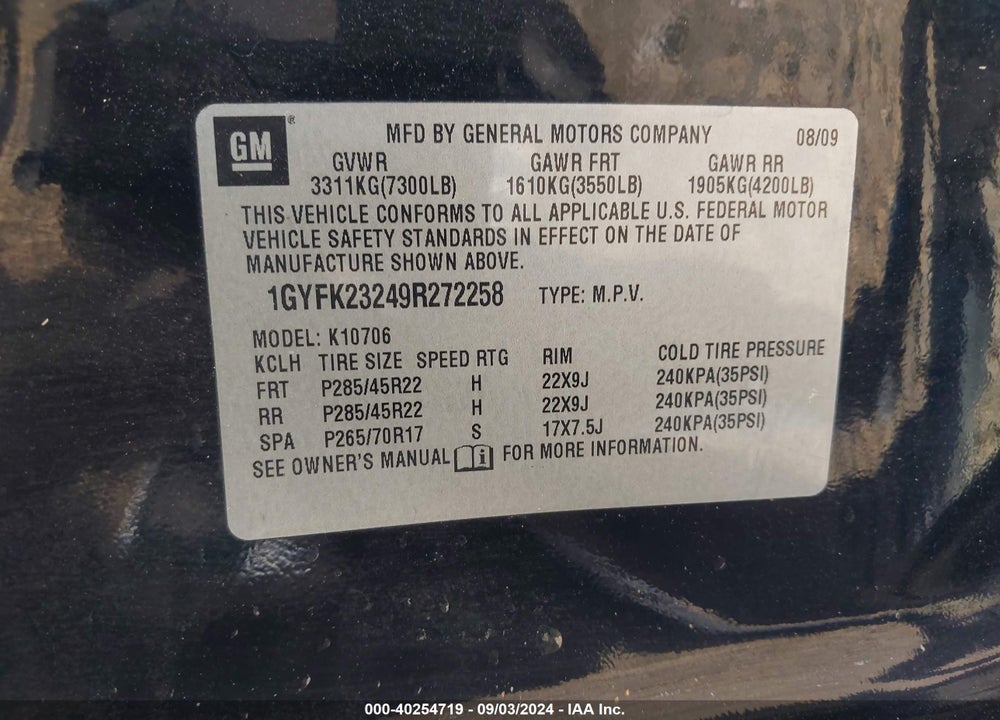 2009 CADILLAC ESCALADE STANDARD VIN: 1GYFK23249R272258