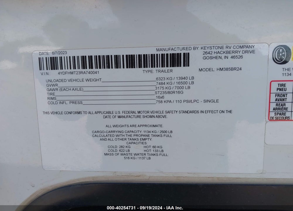 2024 KEYSTONE RV OTHER VIN: 4YDFHMT23RA740041