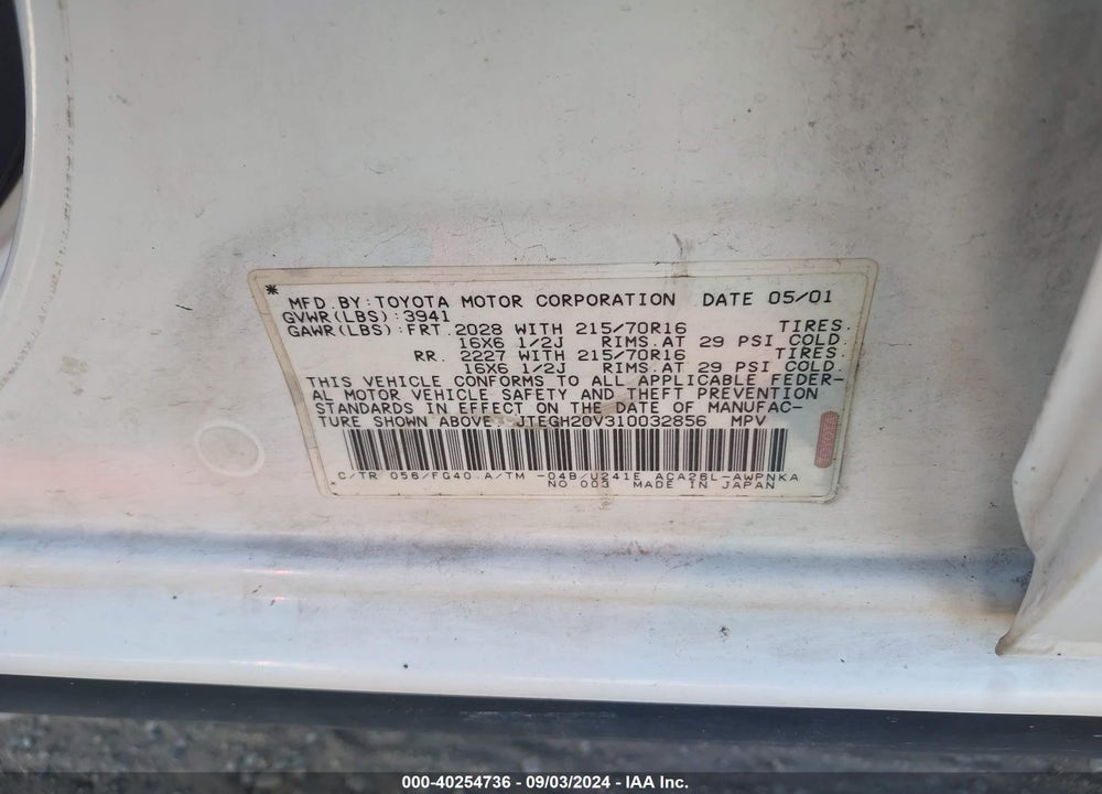 2001 TOYOTA RAV4 VIN: JTEGH20V310032856
