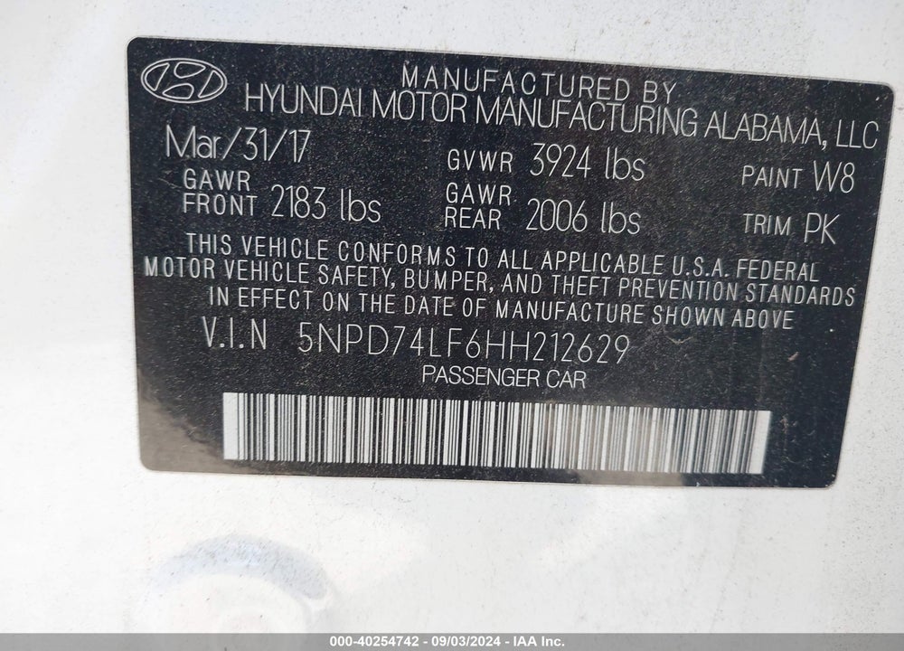 2017 HYUNDAI ELANTRA SE VIN: 5NPD74LF6HH212629