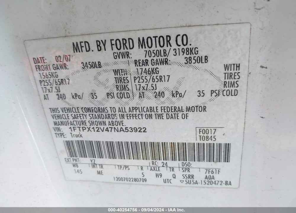2007 FORD F-150 LARIAT/STX/XL/XLT VIN: 1FTPX12V47NA53922