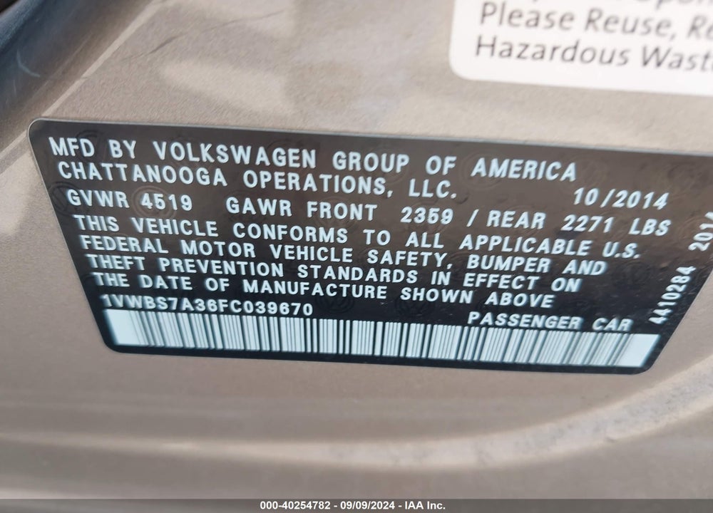 2015 VOLKSWAGEN PASSAT 1.8T SE VIN: 1VWBS7A36FC039670