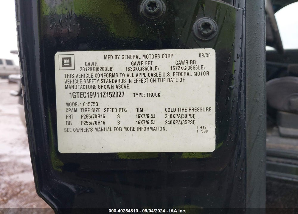 2001 GMC SIERRA 1500 SLE VIN: 1GTEC19V11Z152027