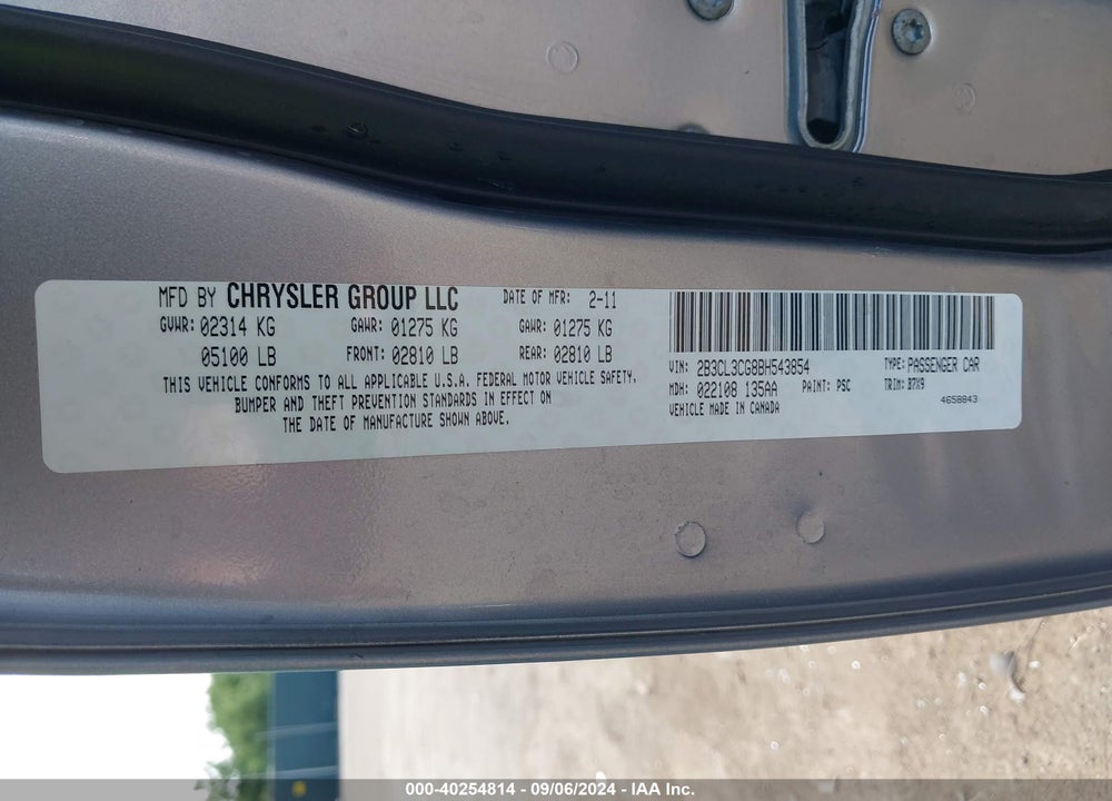 2011 DODGE CHARGER VIN: 2B3CL3CG8BH543854