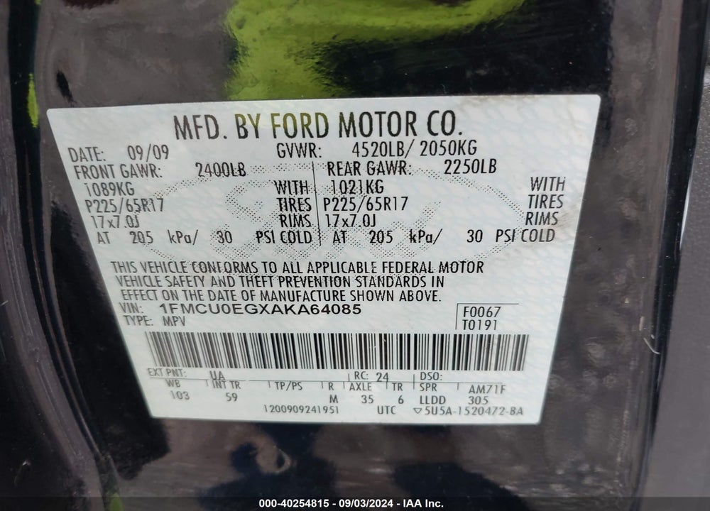2010 FORD ESCAPE LIMITED VIN: 1FMCU0EGXAKA64085