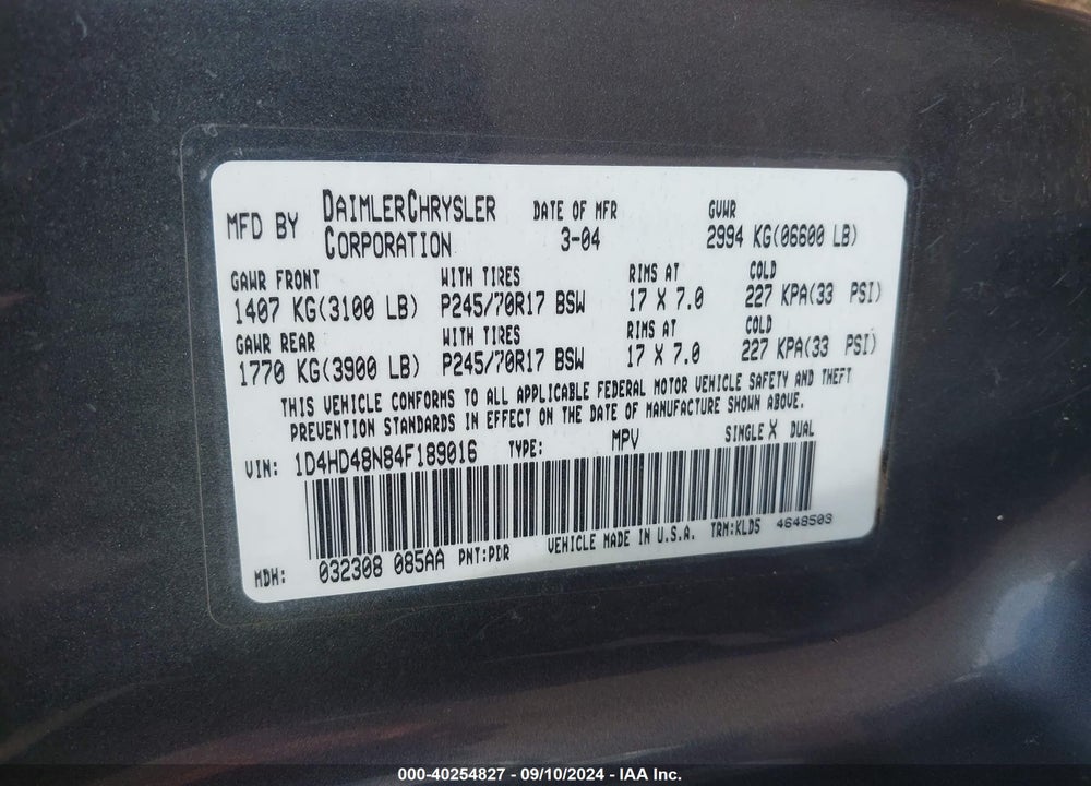 2004 DODGE DURANGO SLT VIN: 1D4HD48N84F189016