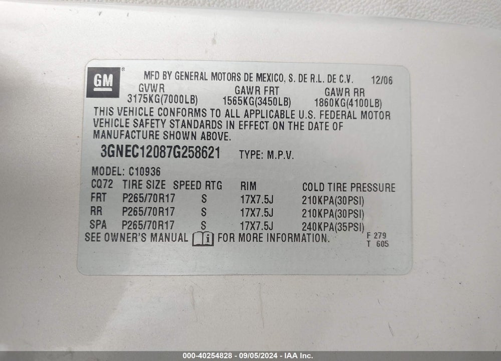 2007 CHEVROLET AVALANCHE 1500 LT VIN: 3GNEC12087G258621