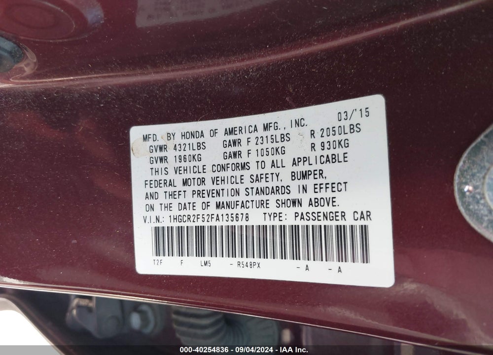 2015 HONDA ACCORD SPORT VIN: 1HGCR2F52FA135678