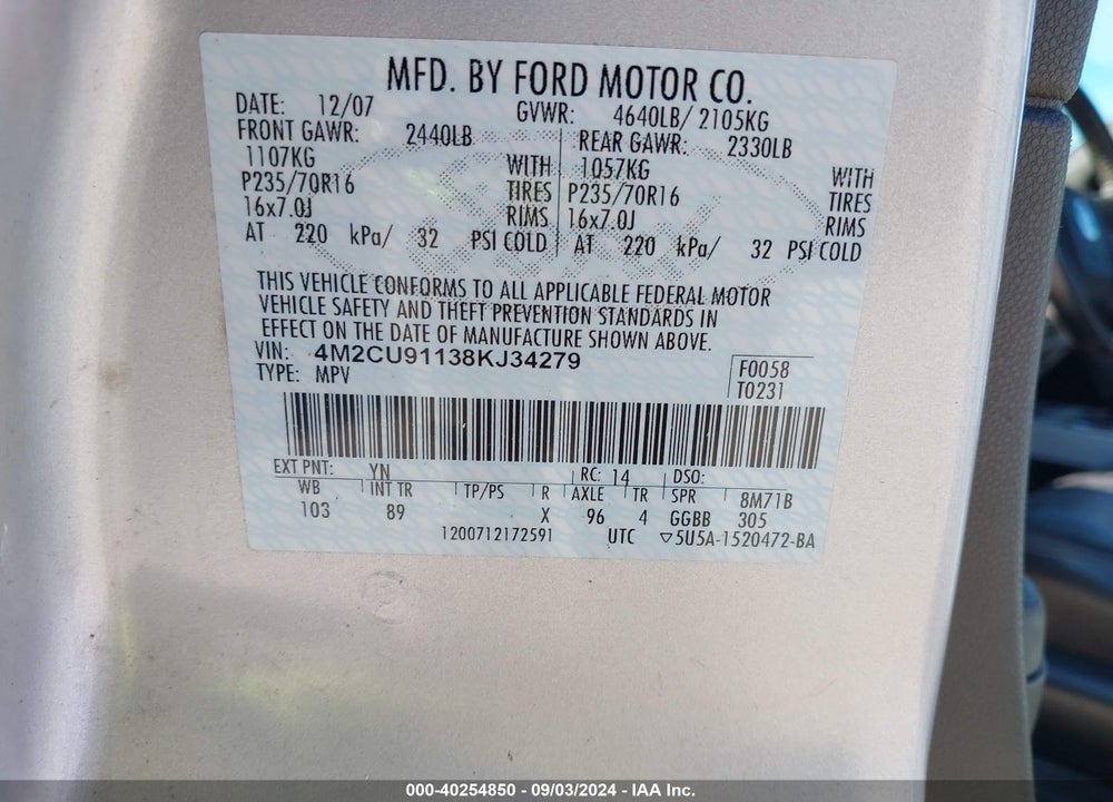 2008 MERCURY MARINER V6 VIN: 4M2CU91138KJ34279