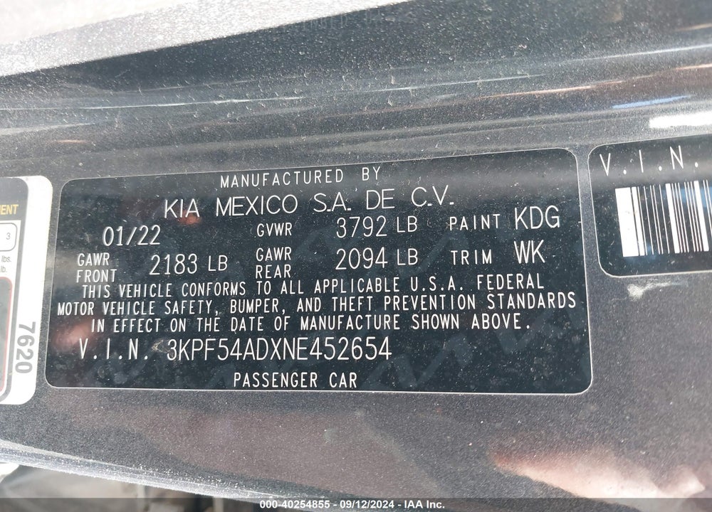 2022 KIA FORTE GT LINE VIN: 3KPF54ADXNE452654