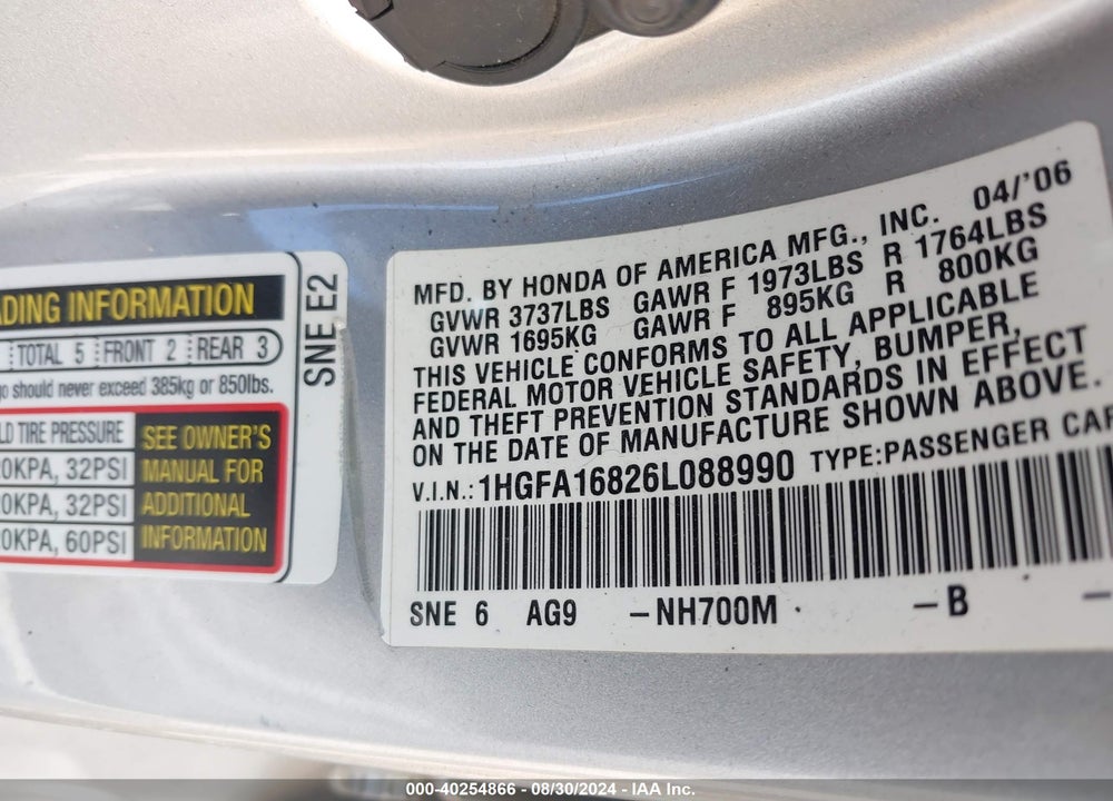 2006 HONDA CIVIC EX VIN: 1HGFA16826L088990