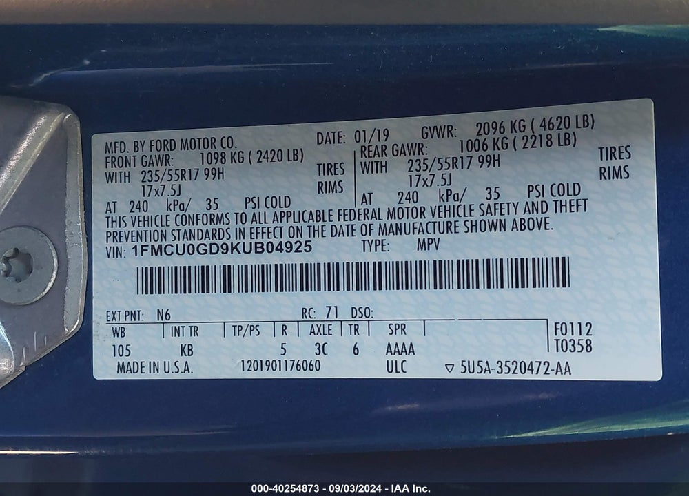 2019 FORD ESCAPE SE VIN: 1FMCU0GD9KUB04925