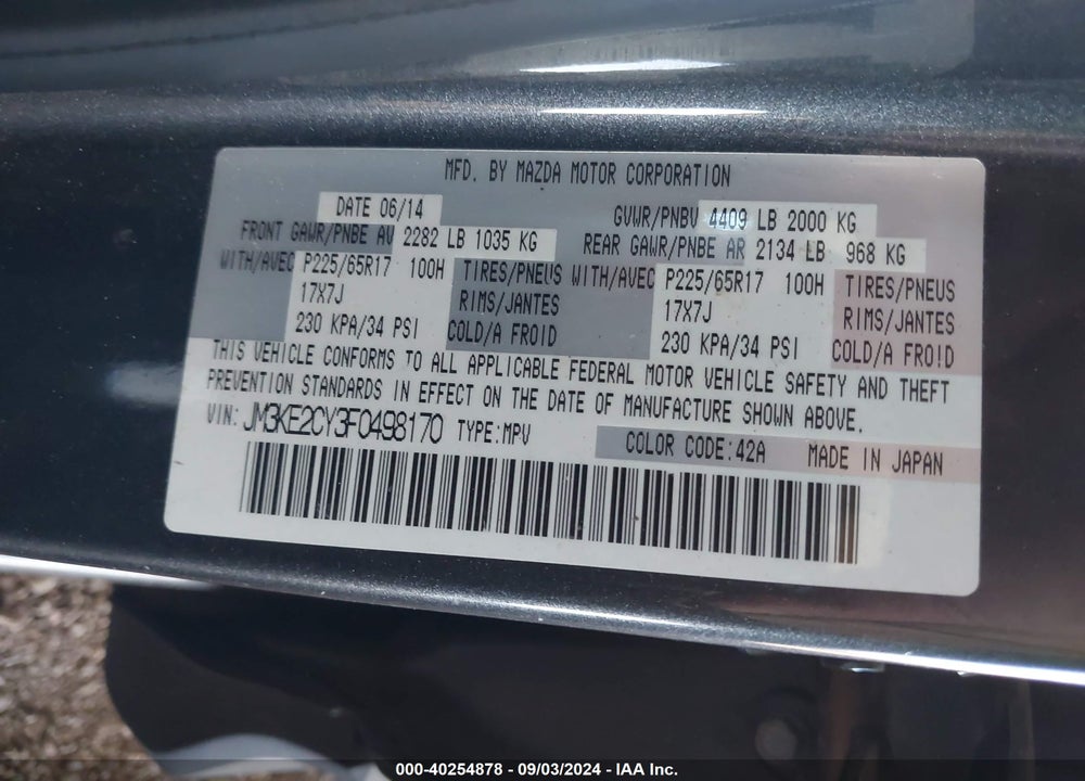 2015 MAZDA CX-5 TOURING VIN: JM3KE2CY3F0498170