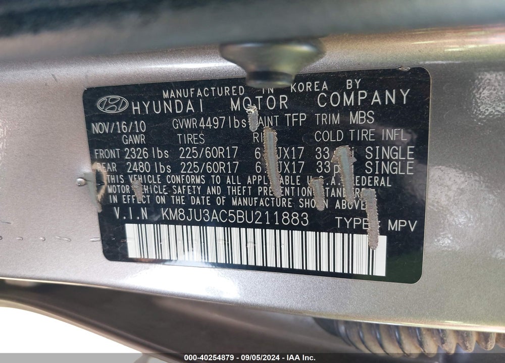 2011 HYUNDAI TUCSON GLS VIN: KM8JU3AC5BU211883