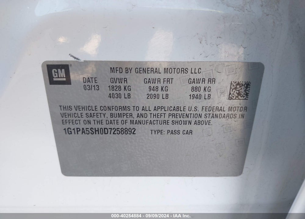 2013 CHEVROLET CRUZE LS AUTO VIN: 1G1PA5SH0D7258892