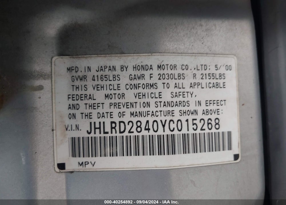 2000 HONDA CR-V LX VIN: JHLRD2840YC015268