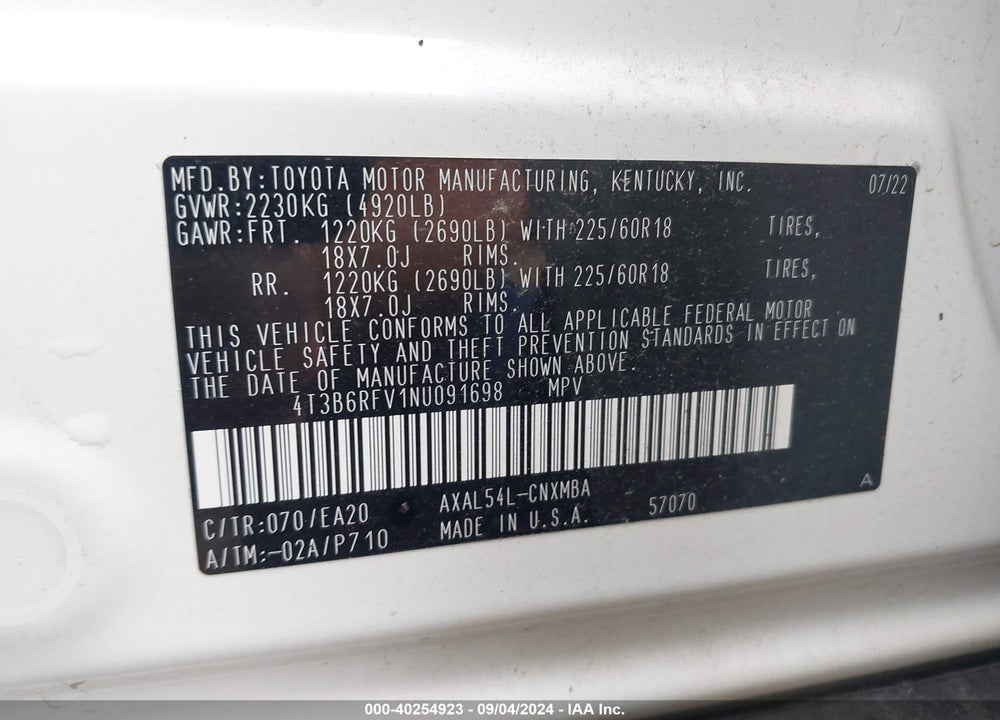 2022 TOYOTA RAV4 HYBRID XLE PREMIUM VIN: 4T3B6RFV1NU091698