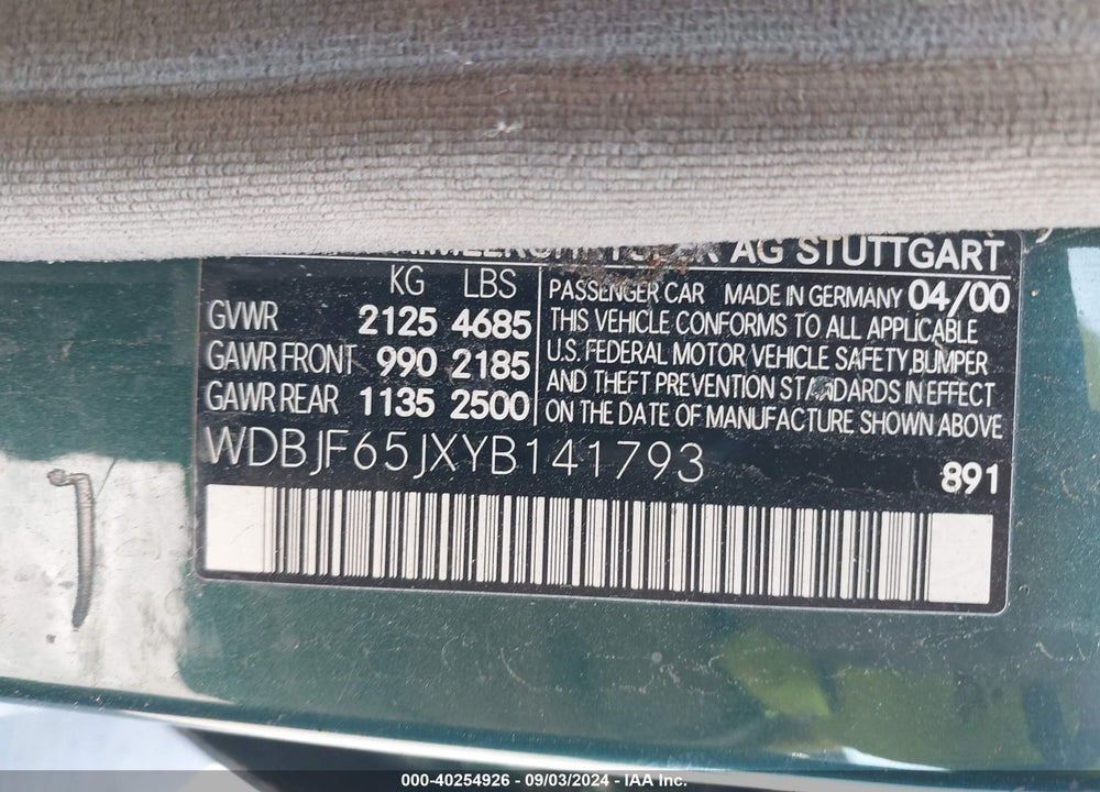 2000 MERCEDES-BENZ E 320 VIN: WDBJF65JXYB141793