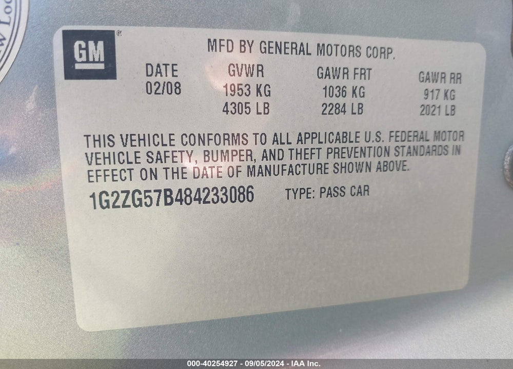 2008 PONTIAC G6 VIN: 1G2ZG57B484233086