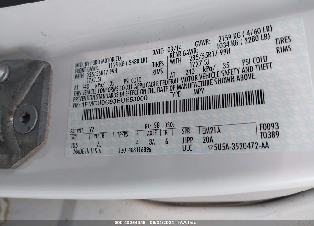 2014 FORD ESCAPE SE VIN: 1FMCU0G93EUE53000