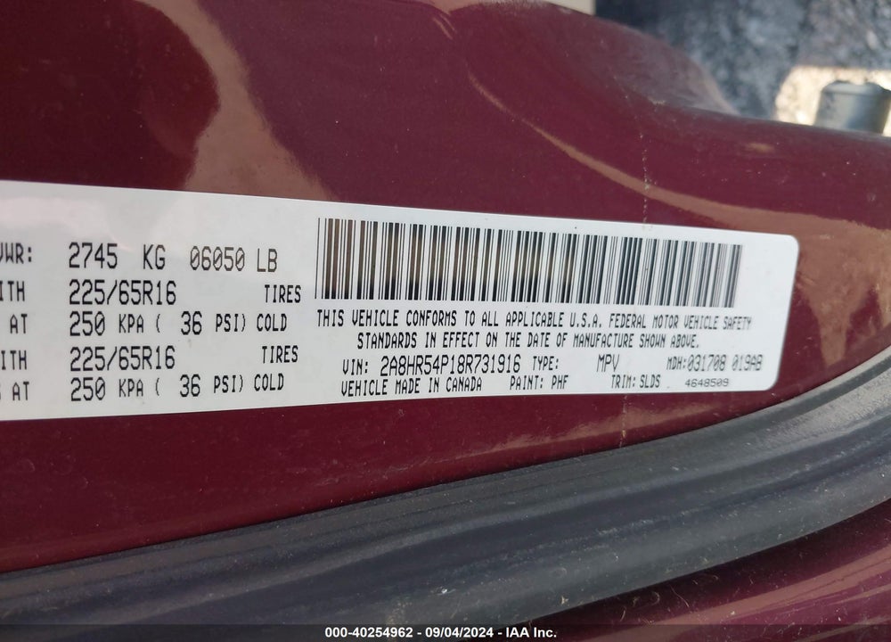2008 CHRYSLER TOWN & COUNTRY TOURING VIN: 2A8HR54P18R731916