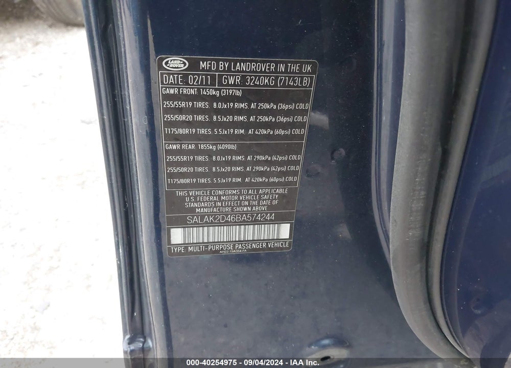 2011 LAND ROVER LR4 VIN: SALAK2D46BA574244