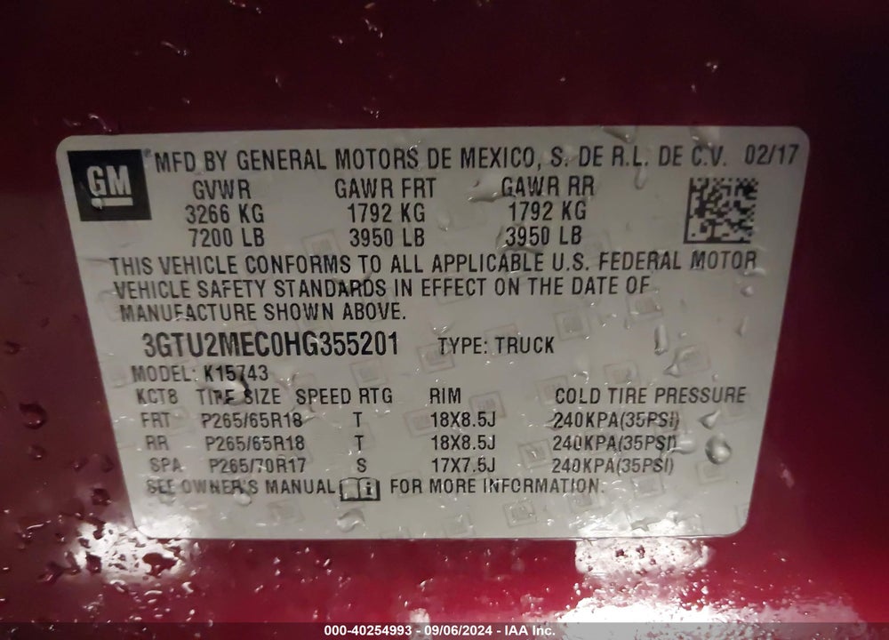 2017 GMC SIERRA 1500 SLE VIN: 3GTU2MEC0HG355201
