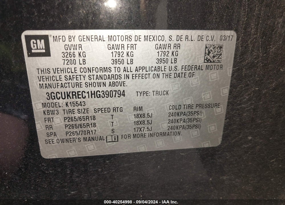 2017 CHEVROLET SILVERADO 1500 1LT VIN: 3GCUKREC1HG390794