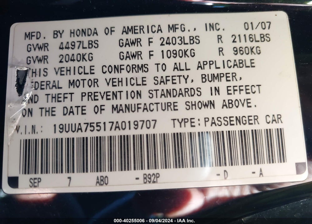 2007 ACURA TL TYPE S VIN: 19UUA75517A019707
