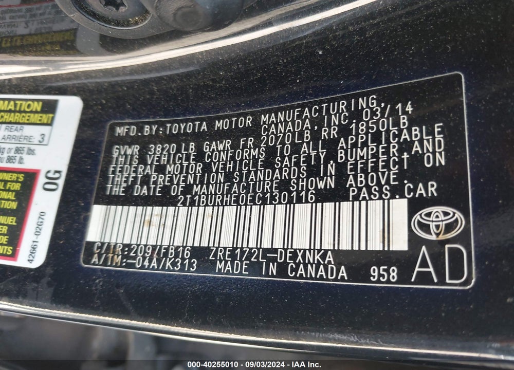 2014 TOYOTA COROLLA LE VIN: 2T1BURHE0EC130116